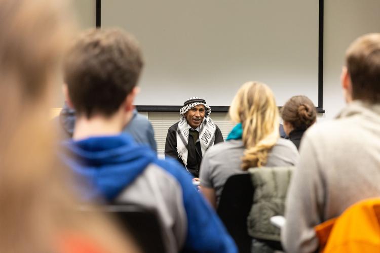 Eid Abu Khamis, the spokesperson for the Bedouin community of Khan al-Ahmar in Area C of the Occupied West Bank, speaks to members of J Street UW, Young Democrats UW, and Amnesty UW.