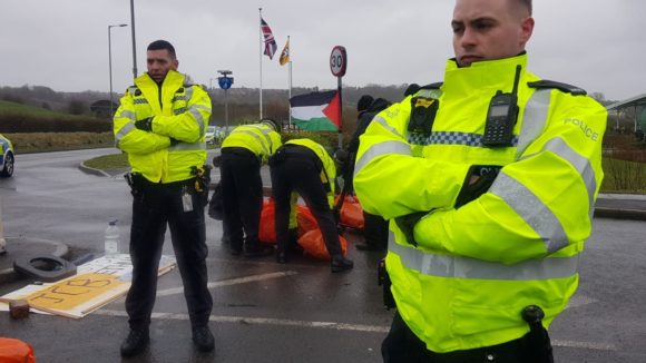 Manchester Action Palestine protesters lock arms outside of JCB World Logistic, Lowlands Rd, Stoke-on-Trent, Thursday, March 7, 2019. (Photo: Manchester Action Palestine)
