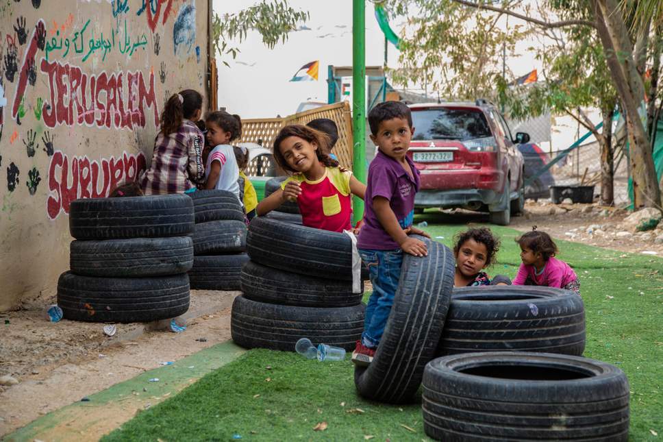 Palestinian children play in the school of Khan al-Ahmar which Israel has ordered to be demolished ( Bel Trew )