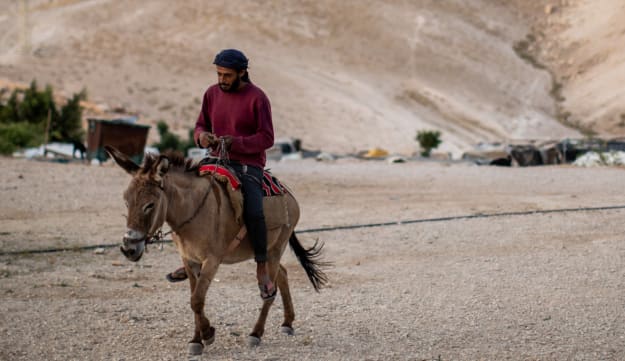 A Bedouin man rides a donkey in Khan al-Ahmar, May 3, 2020.Credit: Emil Salman