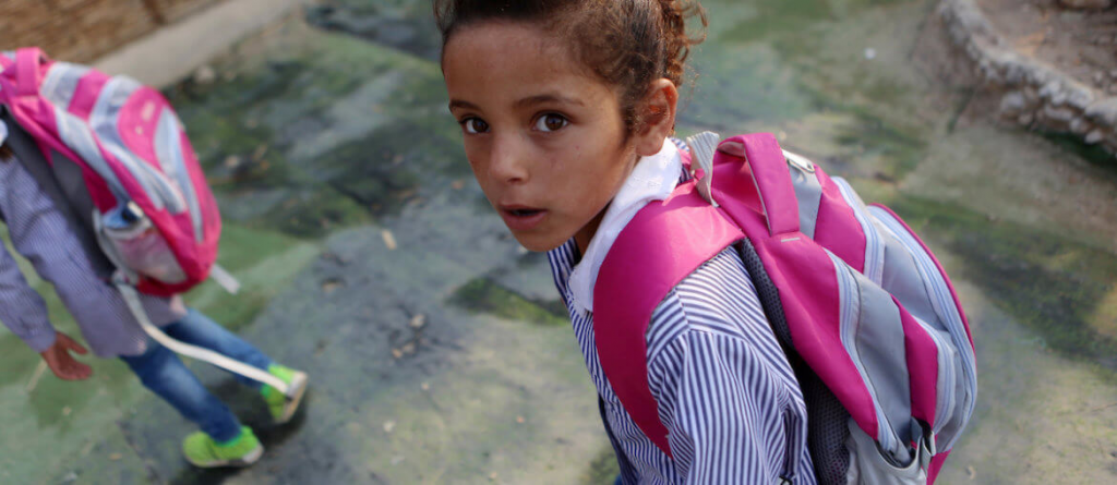
Palestinian Bedouin school children walk in the village of Al Khan al-Ahmar in the West Bank on September 13, 2018. (Photo: Shadi Hatem/APA Images)