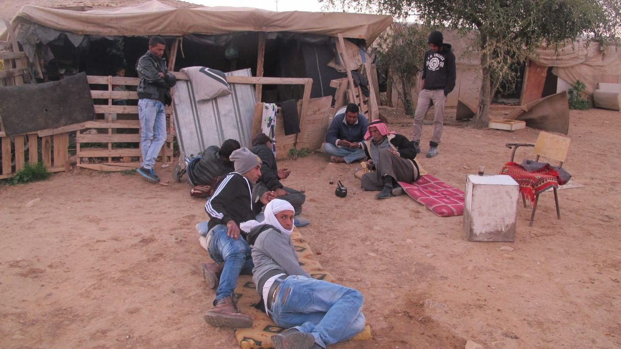 Ahmed Jahalin and some of his sons at the Khan Al Ahmar encampment east of Jerusalem, December 24, 2015. Photo by Amira Hass